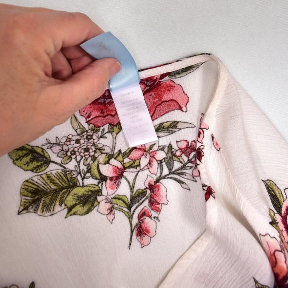 M Fasis Women's Top S Ivory Floral Button Tie Front Short Sleeve Boho Peasant - Picture 5 of 5